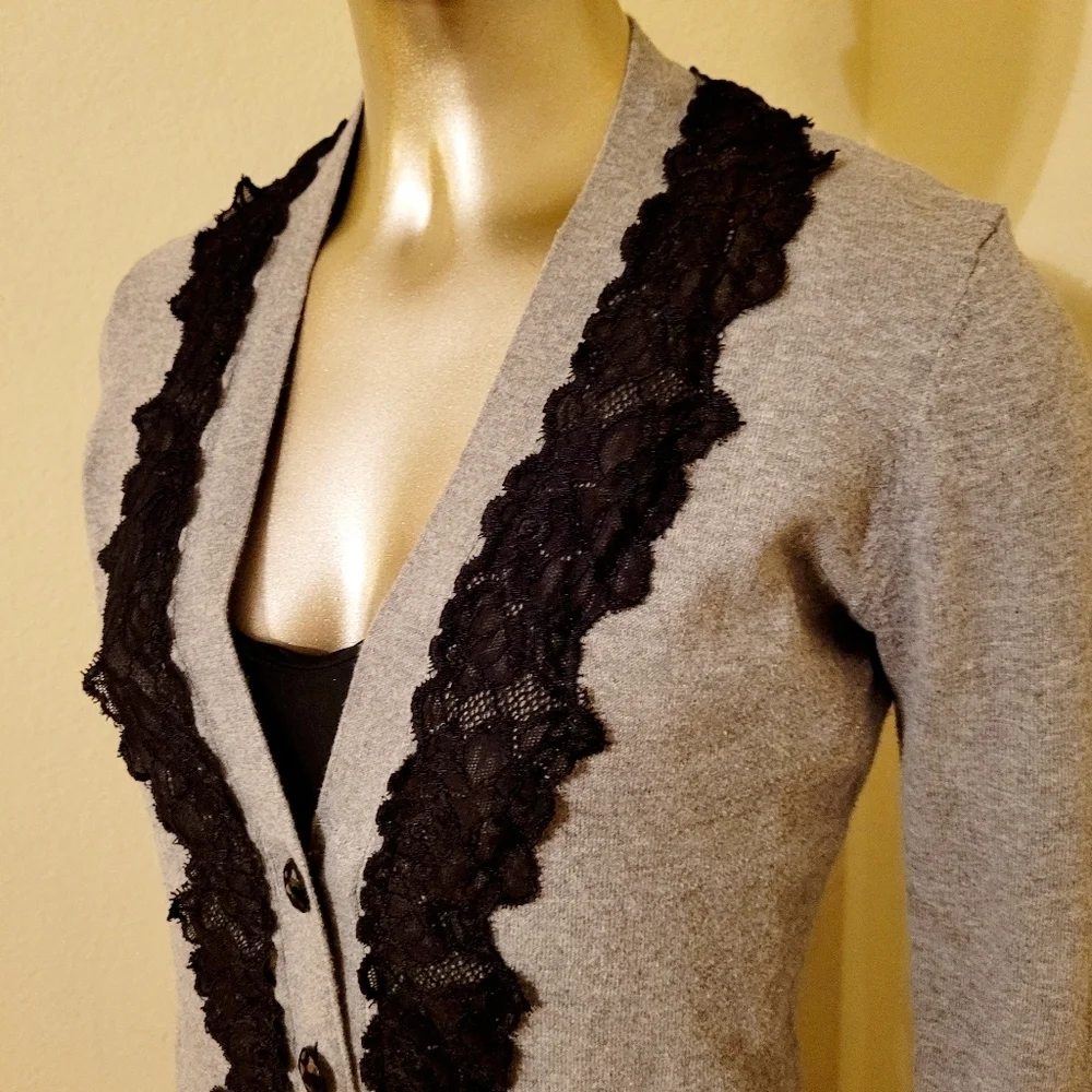 VENUS Heather Grey Long Line Cardigan Sweater With Lace Trim Sz Small